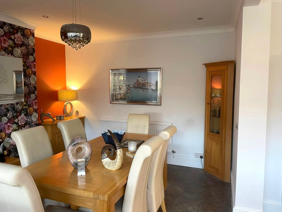 dining room floral wallpaper orange accent wall newport orchid decor